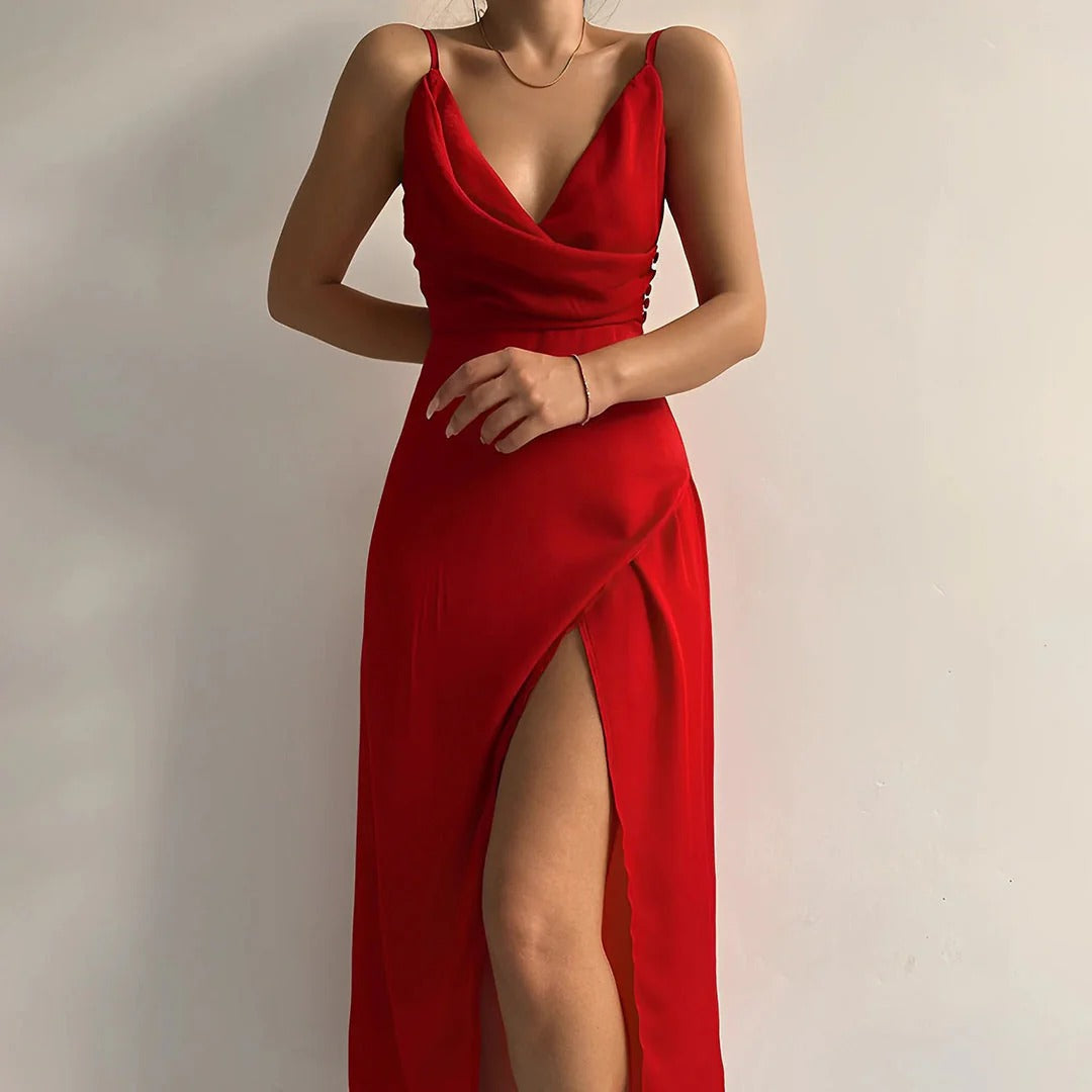 Abito lungo da donna Elena - Elegante abito svasato con spalline per eventi e cene