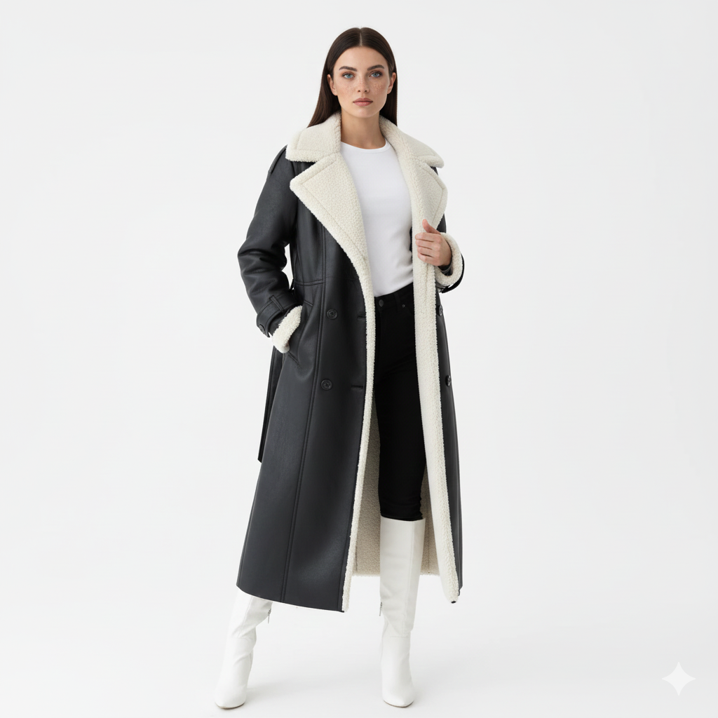 Rinna Manteau Long Femme – Veste Double Boutonnage Effet Suédé avec Col Doublé & Style Chic