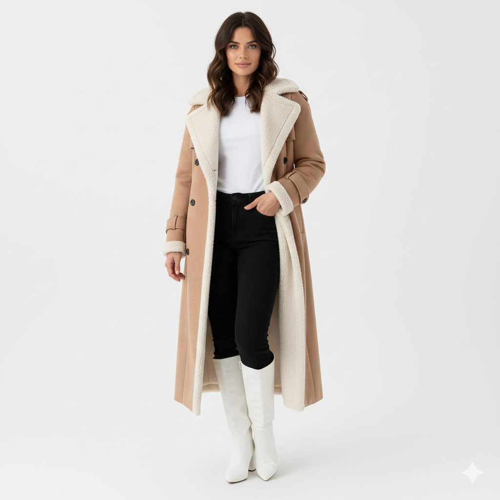 Rinna Manteau Long Femme – Veste Double Boutonnage Effet Suédé avec Col Doublé & Style Chic