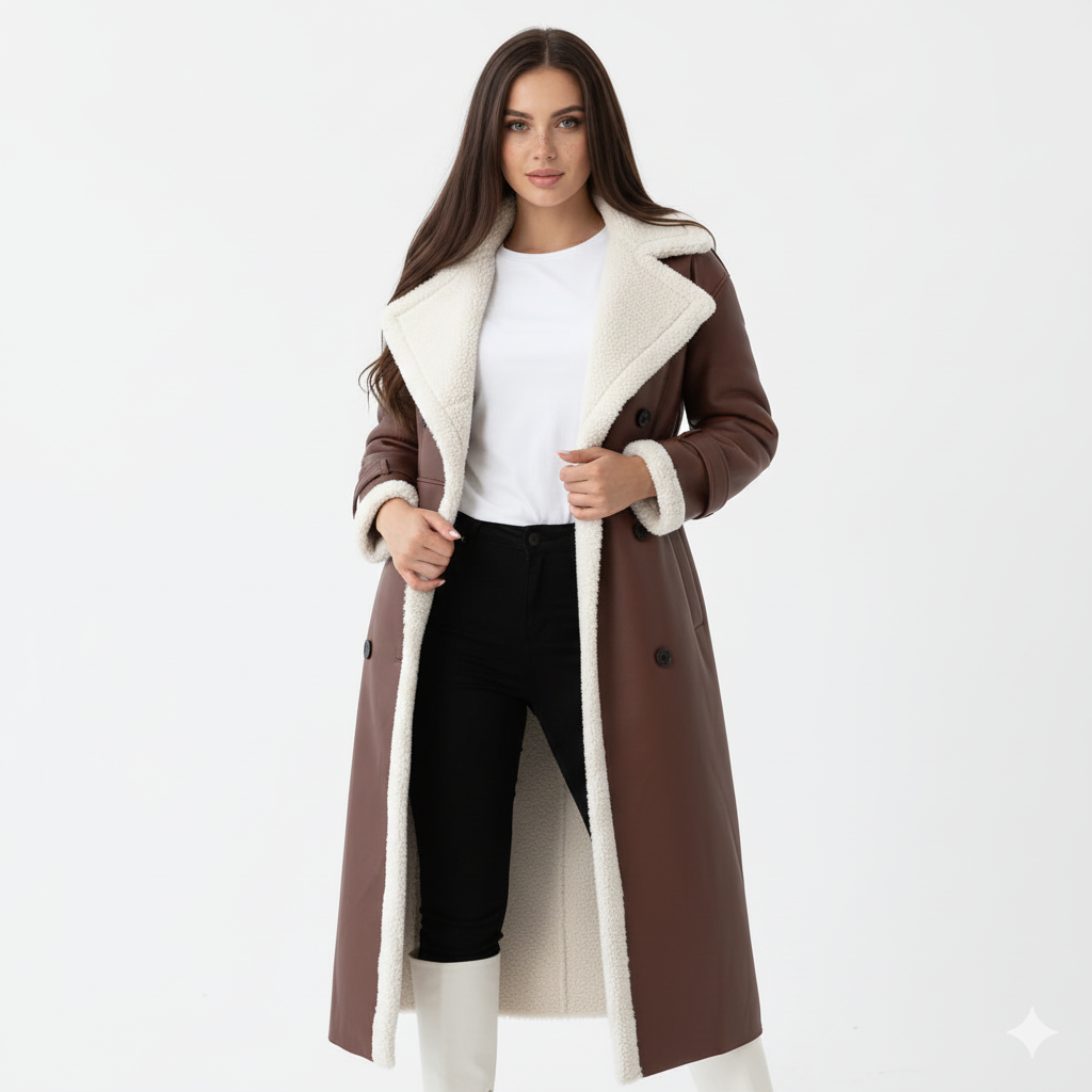 Rinna Manteau Long Femme – Veste Double Boutonnage Effet Suédé avec Col Doublé & Style Chic