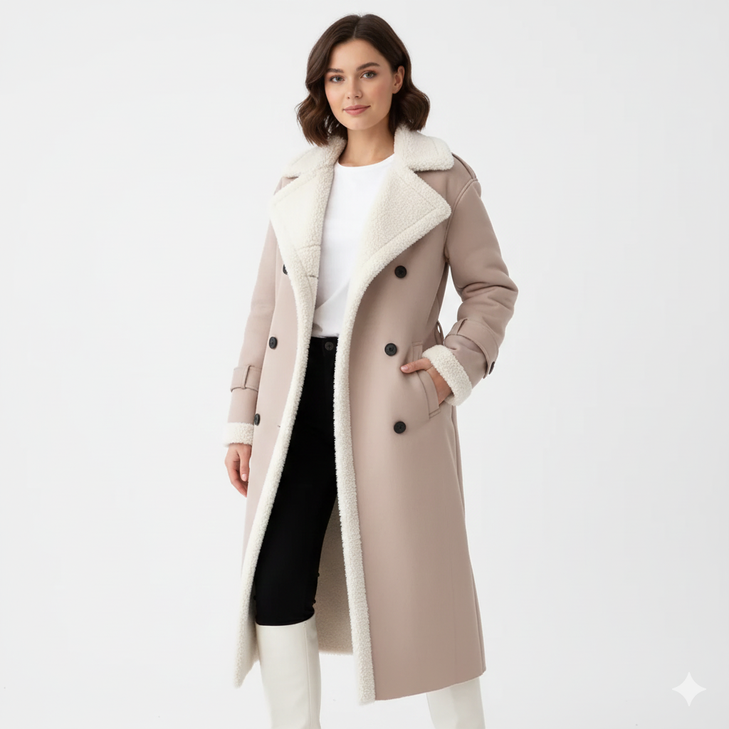 Rinna Manteau Long Femme – Veste Double Boutonnage Effet Suédé avec Col Doublé & Style Chic