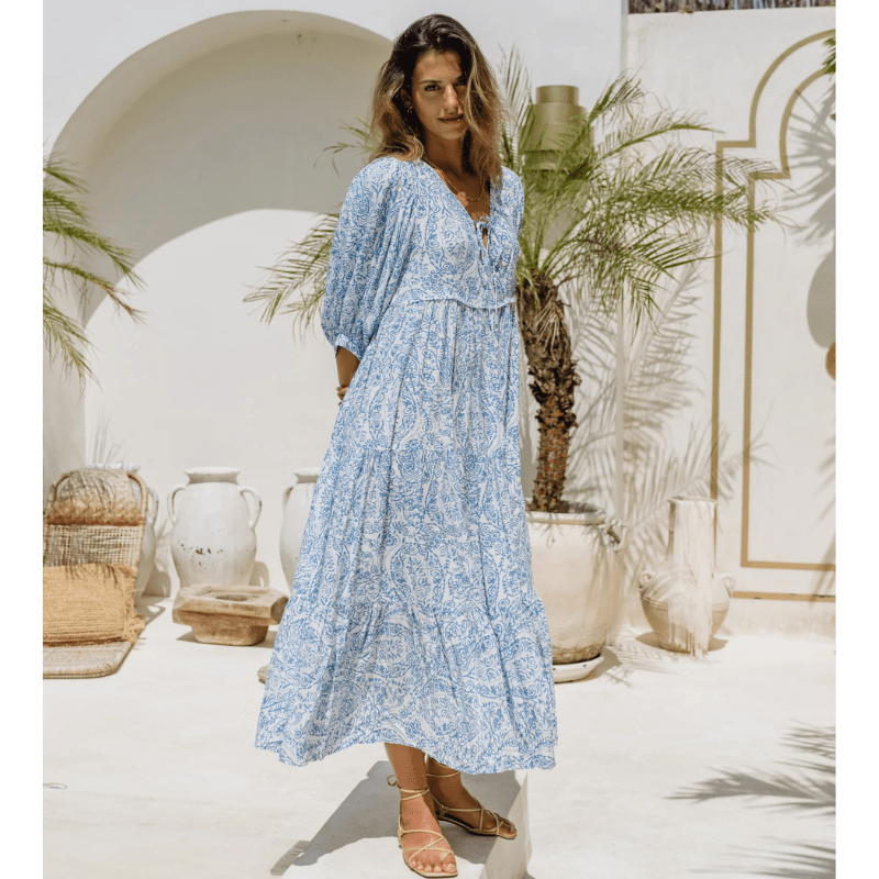 Abito lungo Rosina Looksy – Stampa bohémien astratta e vestibilità fluida a strati