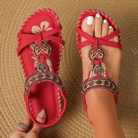 Sandali da donna Lainey - Eleganti sandali boho con suola piatta e look etnico naturale