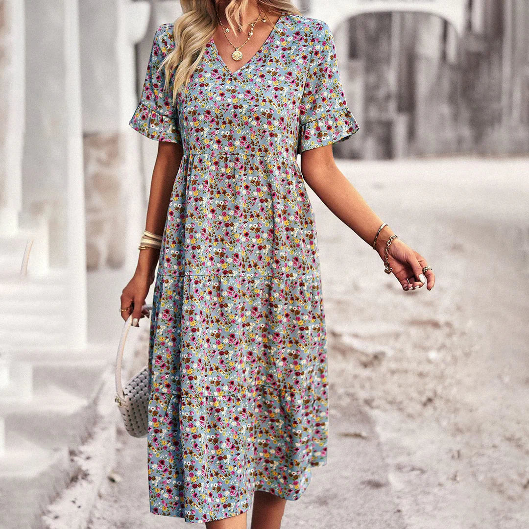 Abito midi da donna Celia - Abito floreale bohémien con taglio leggero e stile elegante