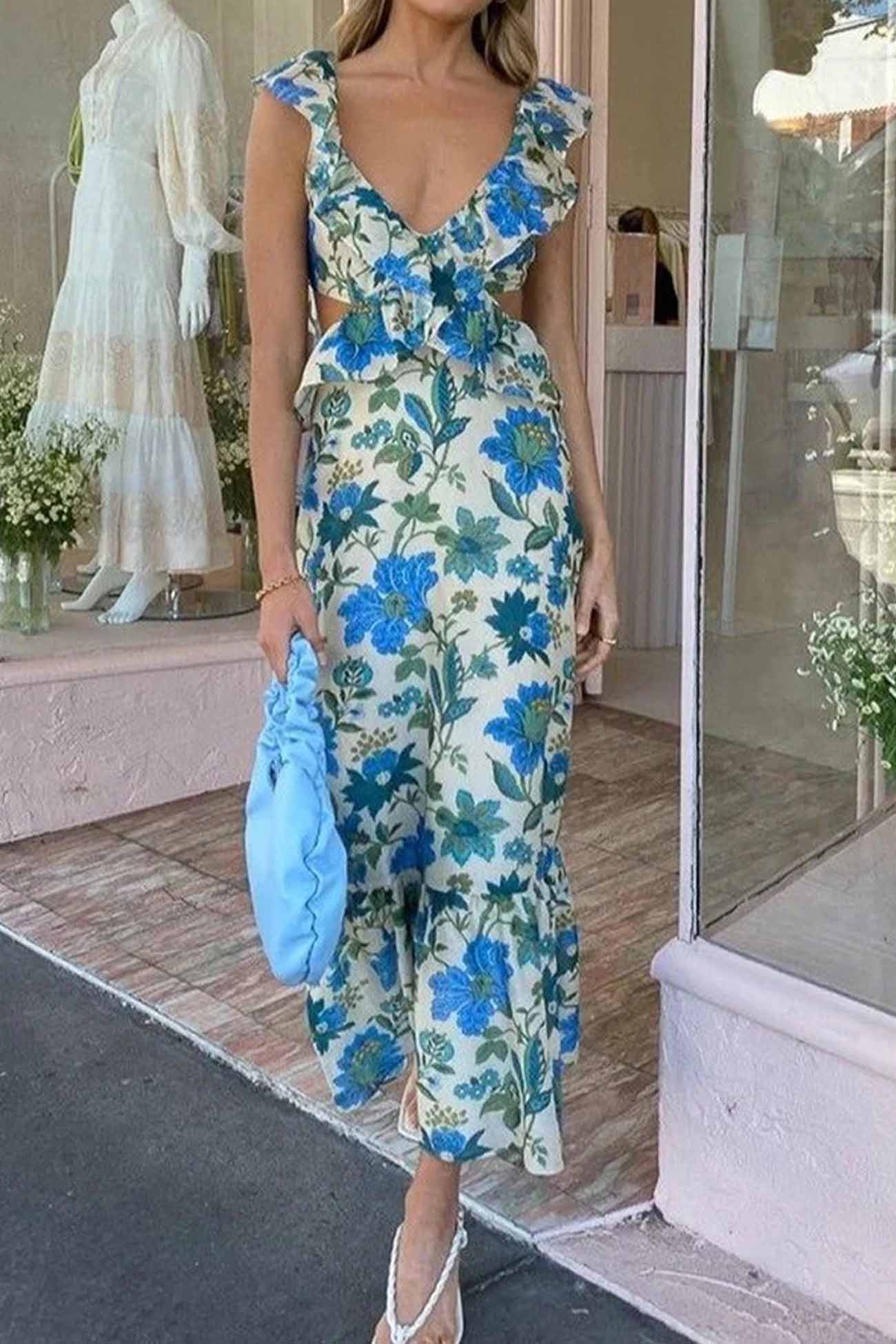 Abito lungo da donna Amara - Abito estivo senza maniche con spalline arricciate ed elegante scollo a V