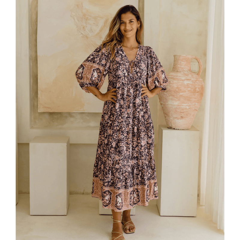 Abito midi Runa Looksy – Stampa floreale e maniche a sbuffo leggere estive