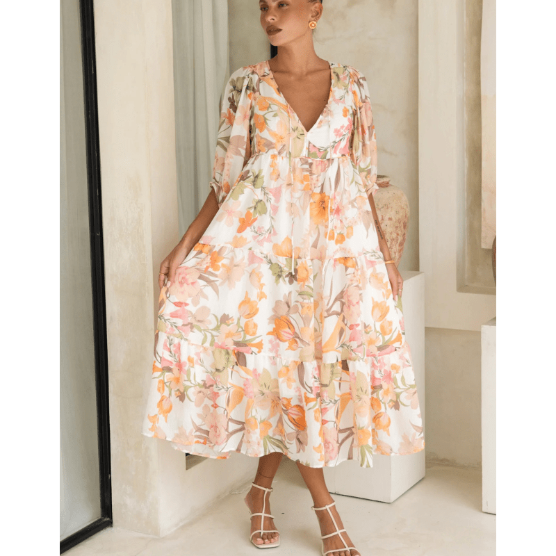 Abito midi Runa Looksy – Stampa floreale e maniche a sbuffo leggere estive