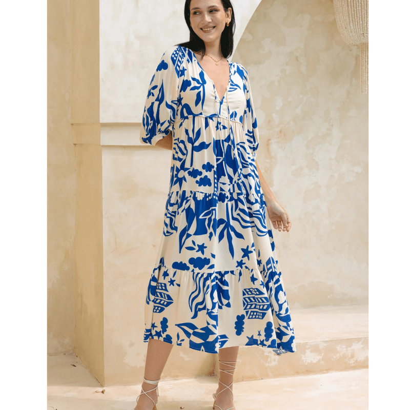 Abito midi Runa Looksy – Stampa floreale e maniche a sbuffo leggere estive