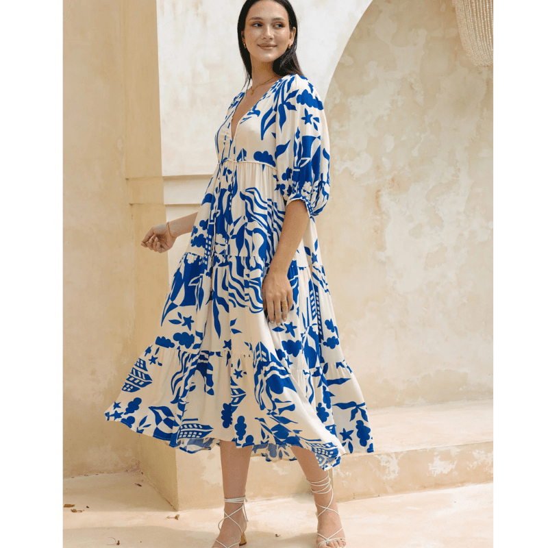 Abito midi Runa Looksy – Stampa floreale e maniche a sbuffo leggere estive