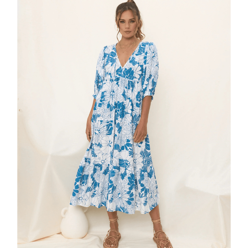 Abito midi Runa Looksy – Stampa floreale e maniche a sbuffo leggere estive