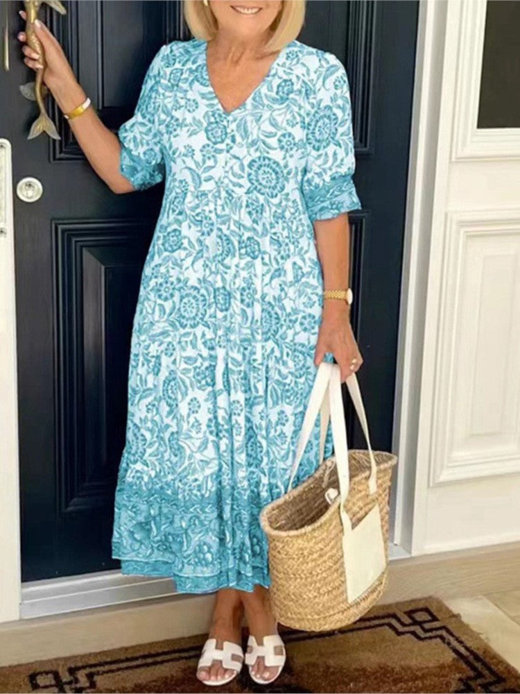 Abito lungo da donna Floresia - Elegante e comodo abito floreale con scollo a V per l'estate