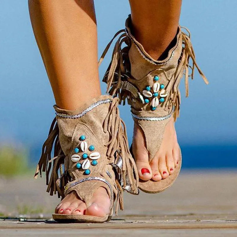 Sandali bohémien da donna Katherine - Sandali estivi con frange e perline per un look libero