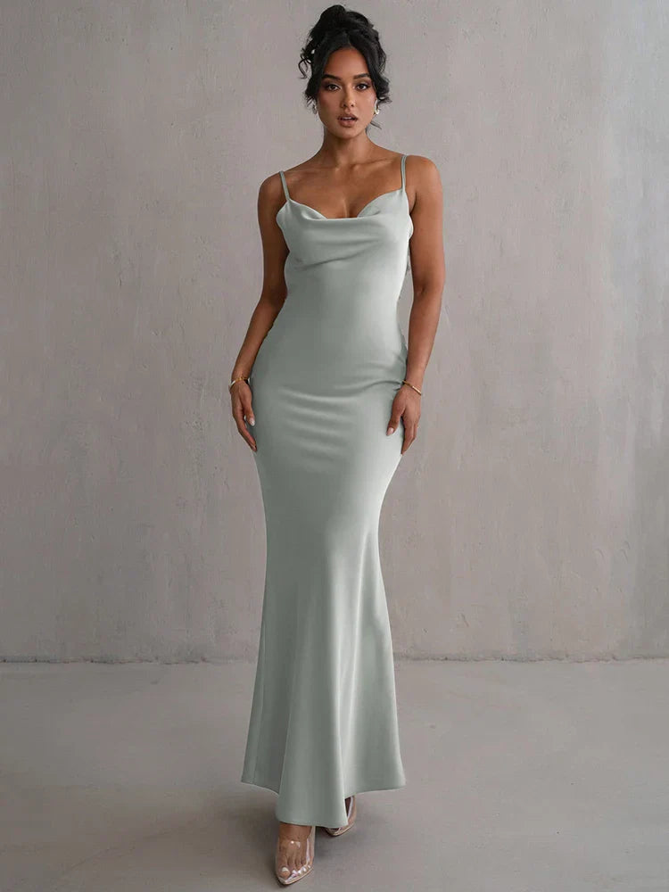 Abito da sera da donna Marie - Lungo in raso, scollo a bandiera, spalline sottili - Abito elegante e aderente per eventi formali