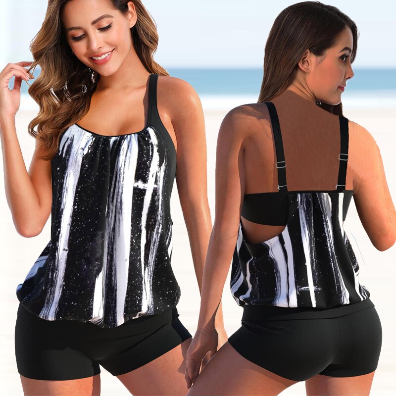 Completo tankini da donna Liana - Top floreale e slip leopardato, stile comodo ed estivo
