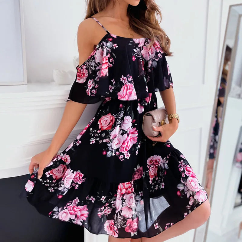 Abito estivo da donna Catalina - Abito floreale con scollatura a spalle scoperte e look romantico