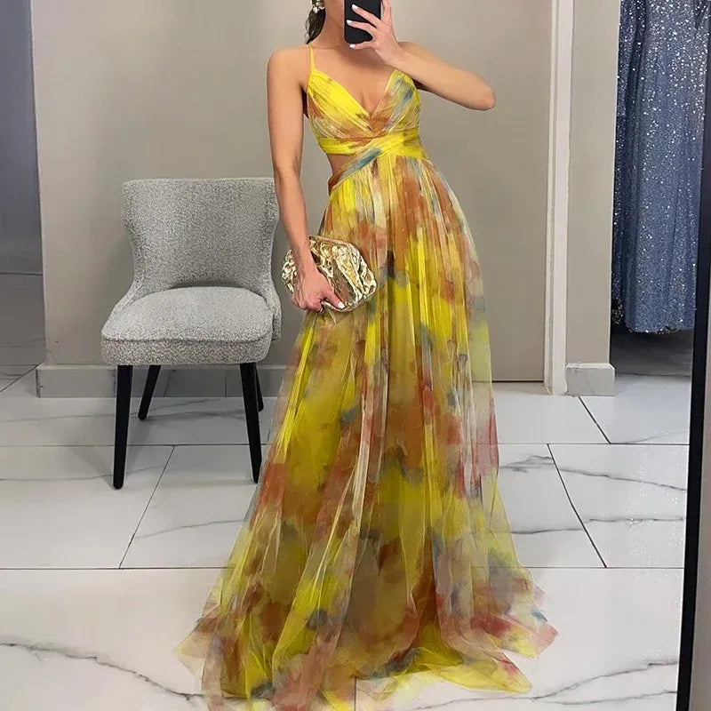 Bella Robe Longue Femme – Robe Florale d’Été avec Fermeture Réglable & Silhouette Fluide