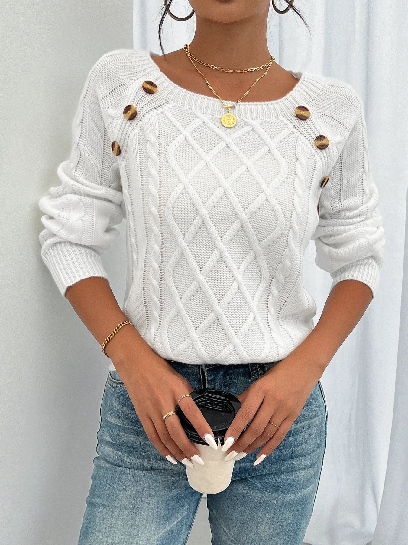 Anaiah Pull Femme Hiver avec Boutons – Élégant, Confortable & Respirant en Coton Polyester