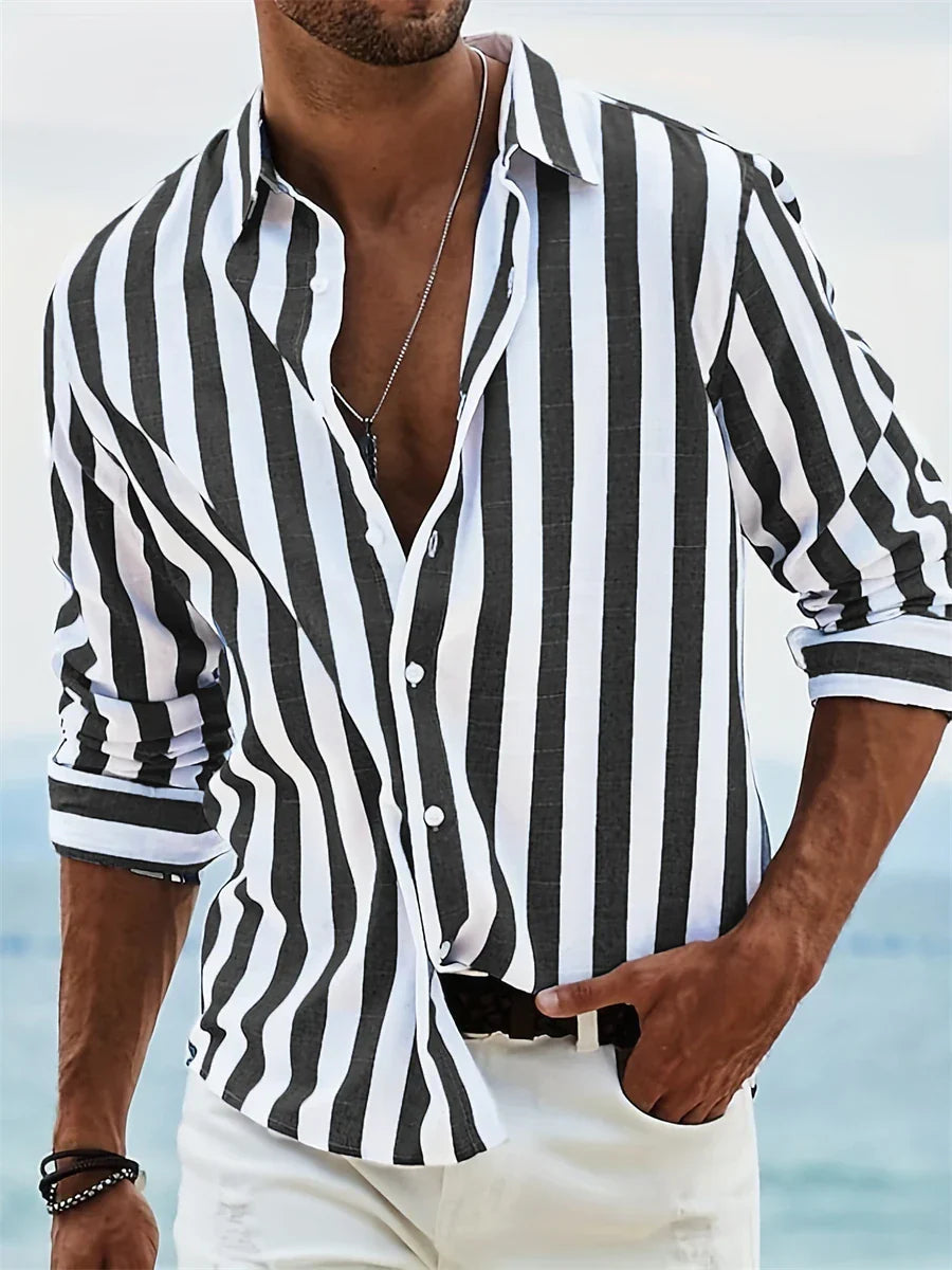 Camicia estiva da uomo James – Camicia in misto lino a righe azzurre con cotone e vestibilità rilassata
