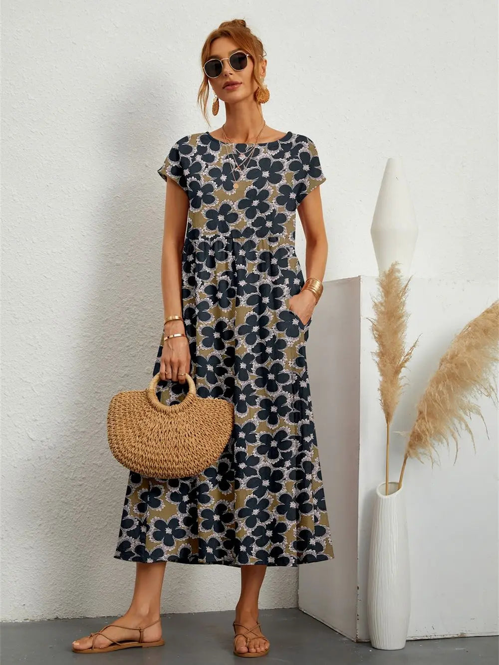 Abito midi da donna Remi - Abito floreale con vestibilità rilassata ed eleganza estiva naturale