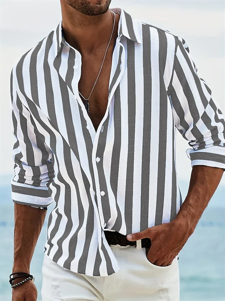 Camicia estiva da uomo James – Camicia in misto lino a righe azzurre con cotone e vestibilità rilassata