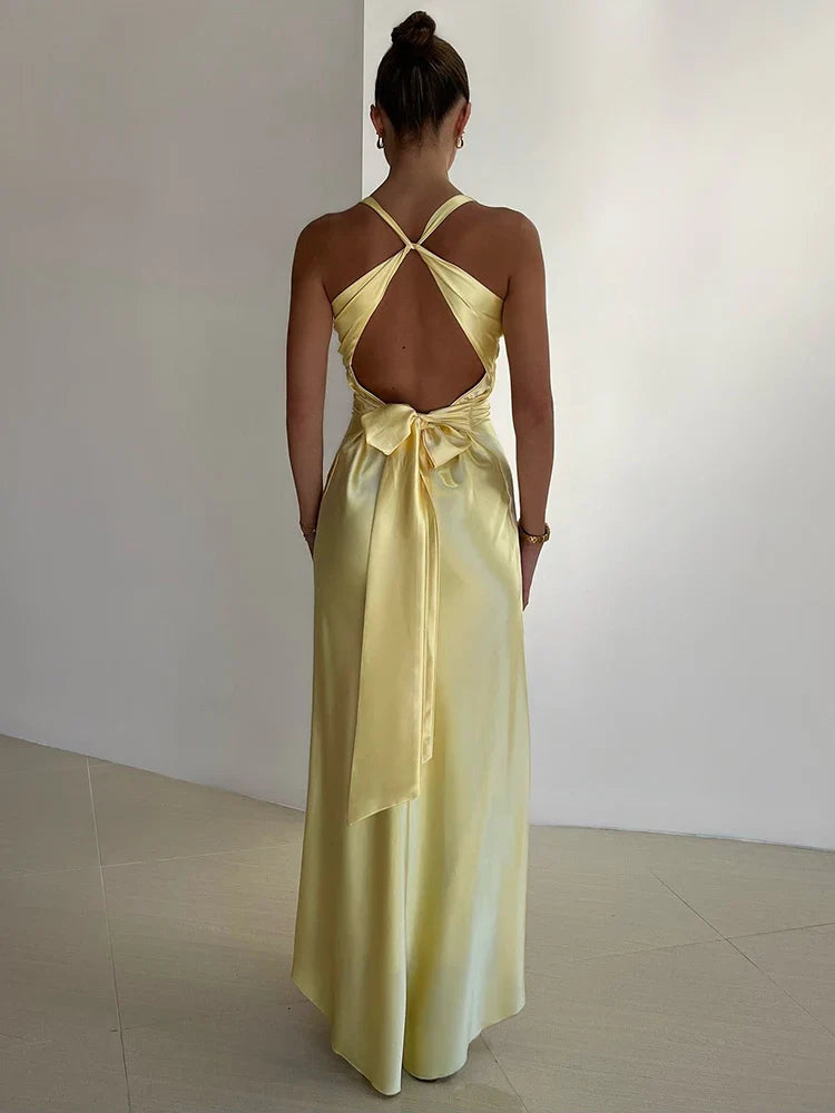 Abito da sera da donna Gina - Elegante abito lungo in raso senza maniche con scollo all'americana