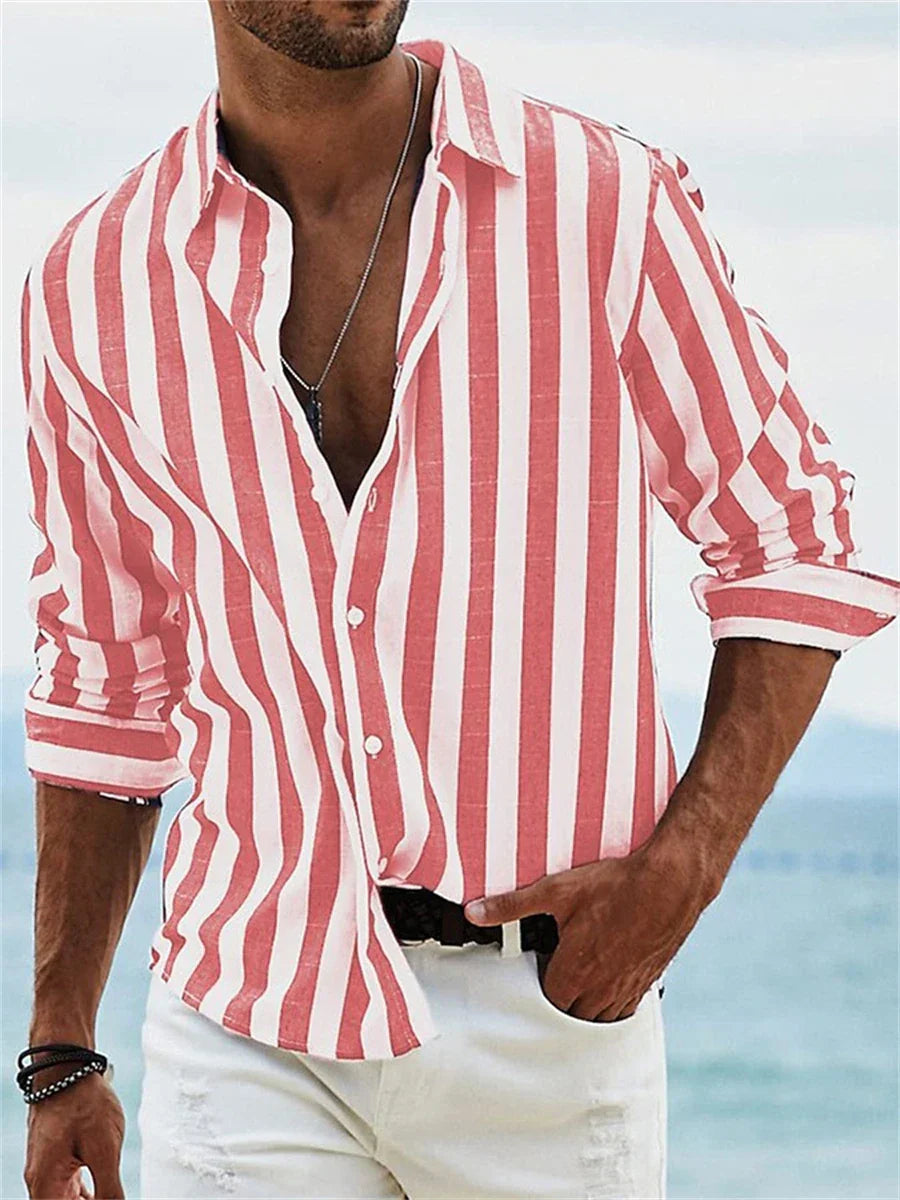 Camicia estiva da uomo James – Camicia in misto lino a righe azzurre con cotone e vestibilità rilassata