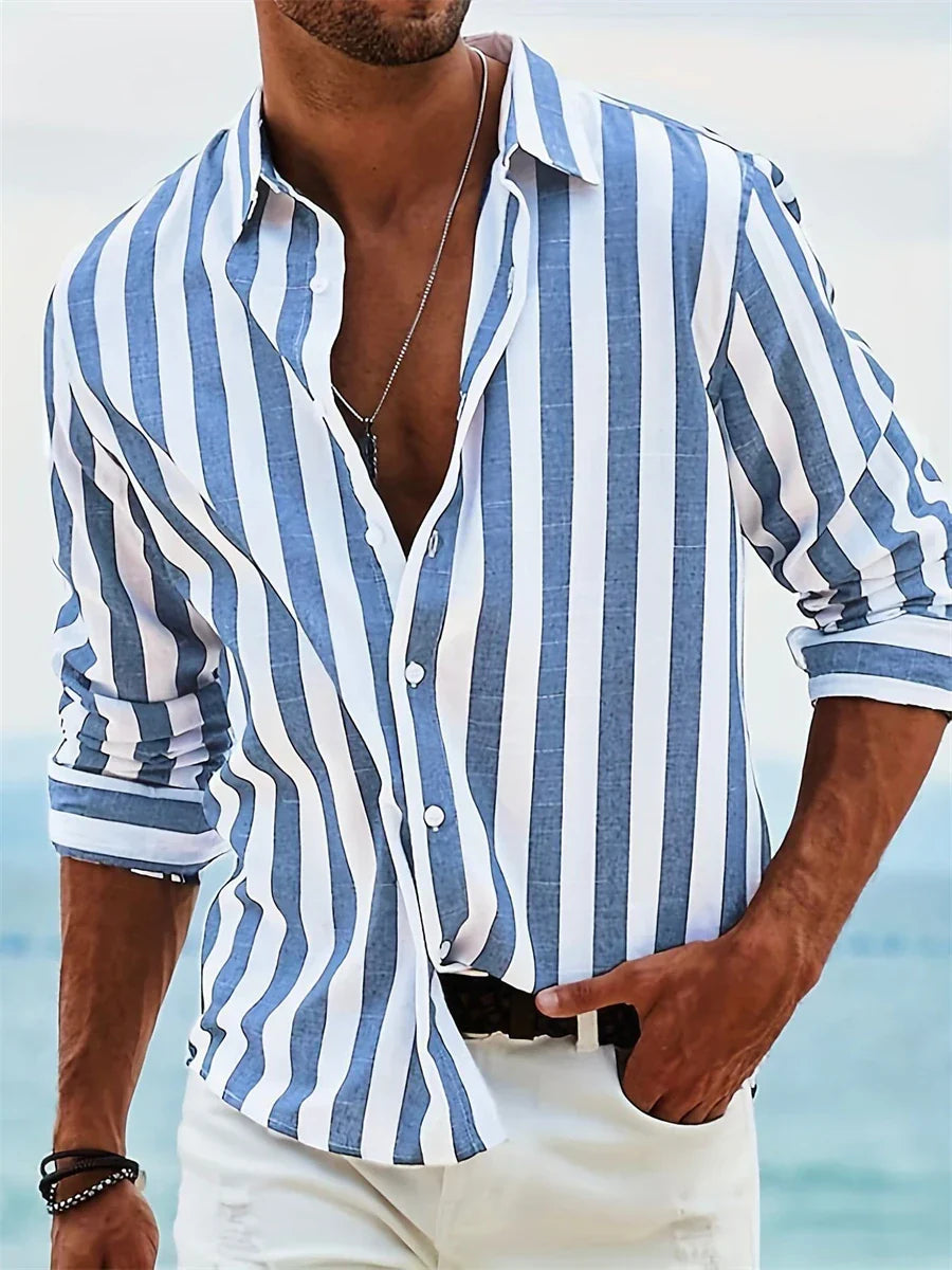 Camicia estiva da uomo James – Camicia in misto lino a righe azzurre con cotone e vestibilità rilassata
