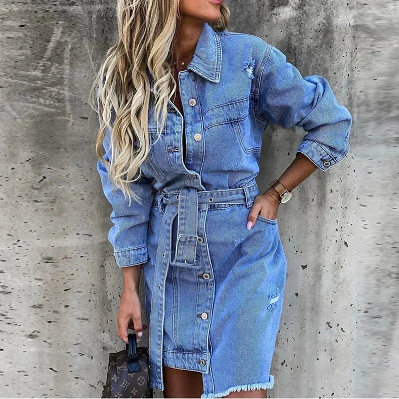 Reyhan Robe en Jean Femme – Robe en Denim à Manches Longues, Confortable & Polyvalente