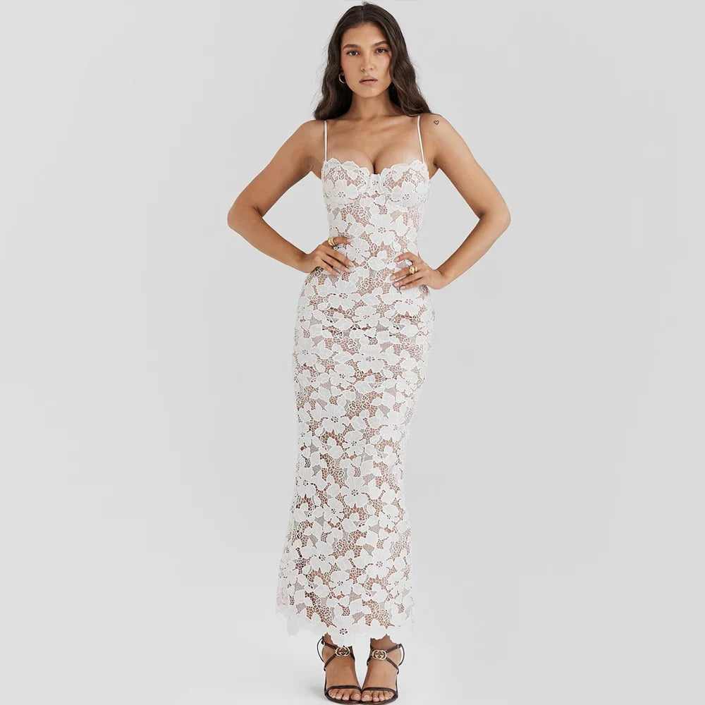 Abito da sera in pizzo da donna Kristine - Scollo a cuore, spalline sottili - Elegante abito lungo per matrimoni ed eventi formali