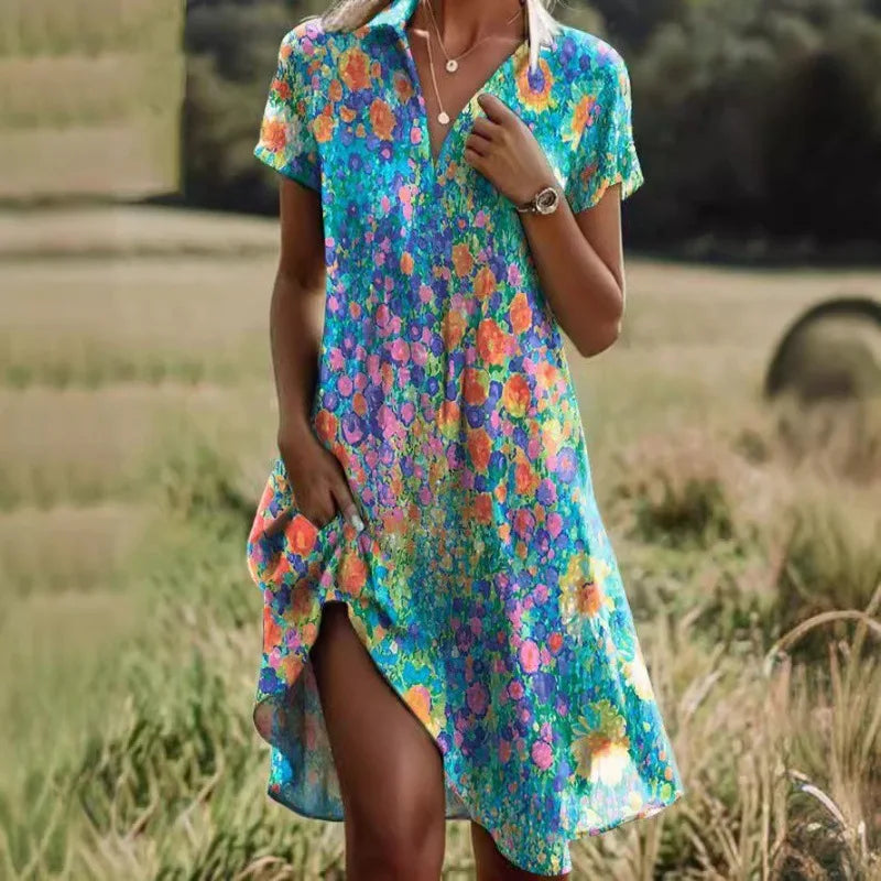 Abito da donna Jeanne: elegante abito con scollo a V e bottoni, vestibilità aderente e motivo floreale senza tempo