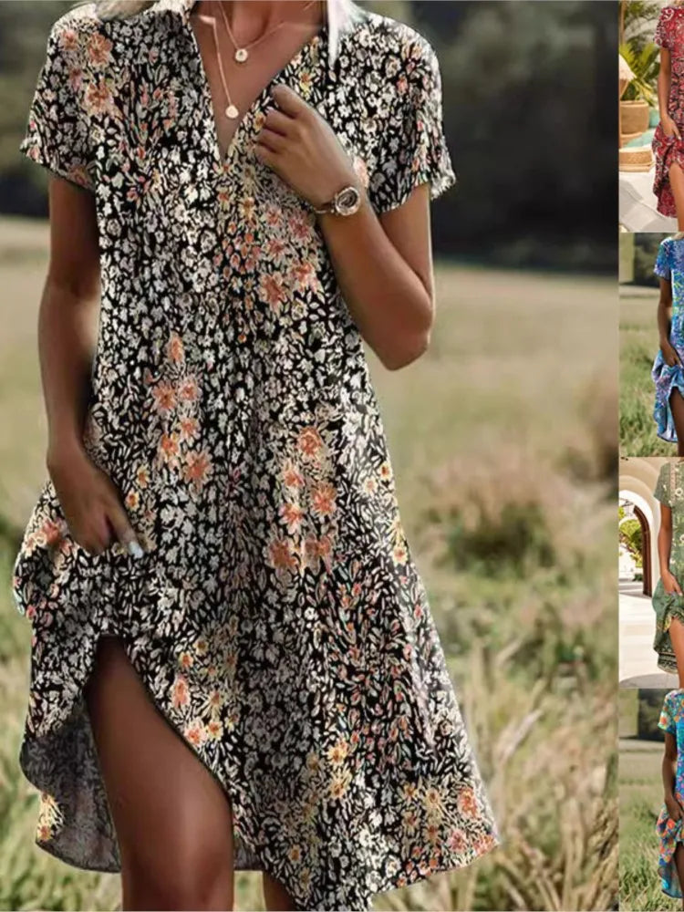 Abito da donna Jeanne: elegante abito con scollo a V e bottoni, vestibilità aderente e motivo floreale senza tempo