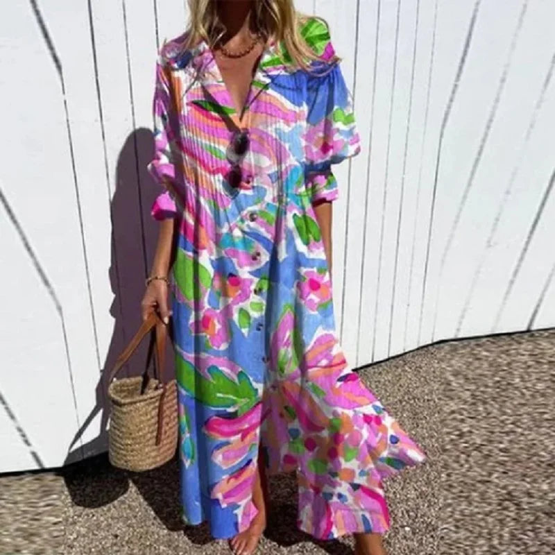 Abito lungo bohémien da donna Melissa - Scollo a V profondo, silhouette fluida e leggera per l'estate