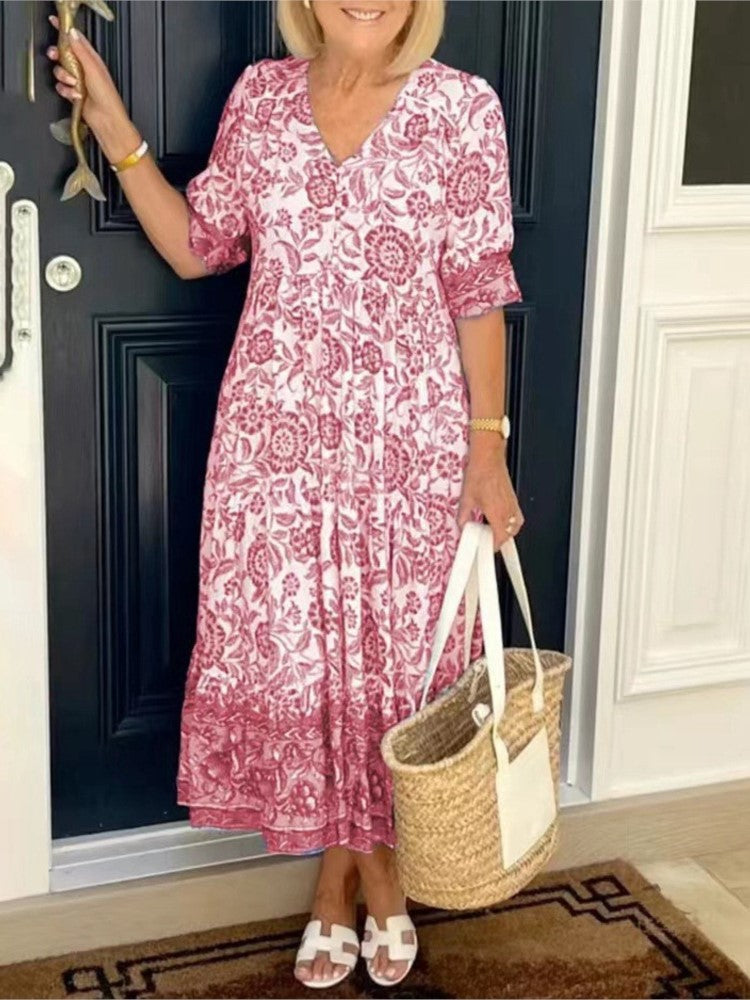 Abito lungo da donna Floresia - Elegante e comodo abito floreale con scollo a V per l'estate