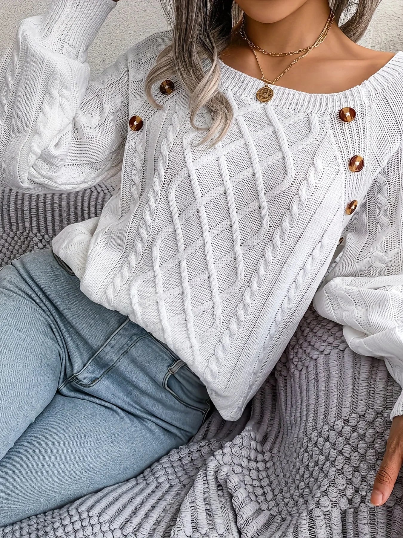 Anaiah Pull Femme Hiver avec Boutons – Élégant, Confortable & Respirant en Coton Polyester