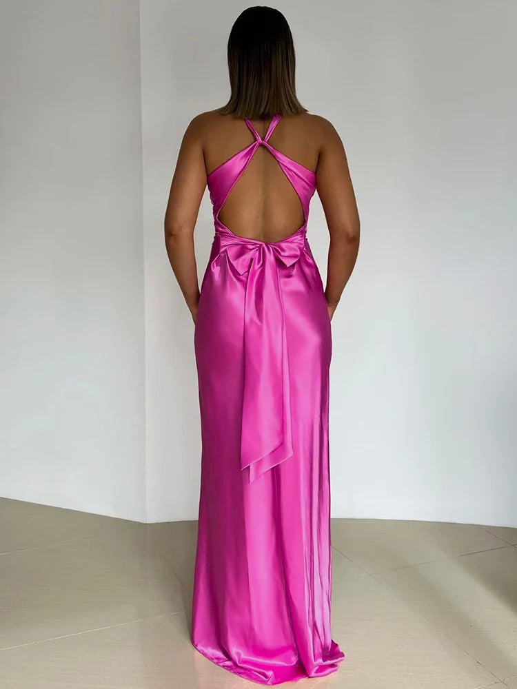 Abito da sera da donna Gina - Elegante abito lungo in raso senza maniche con scollo all'americana