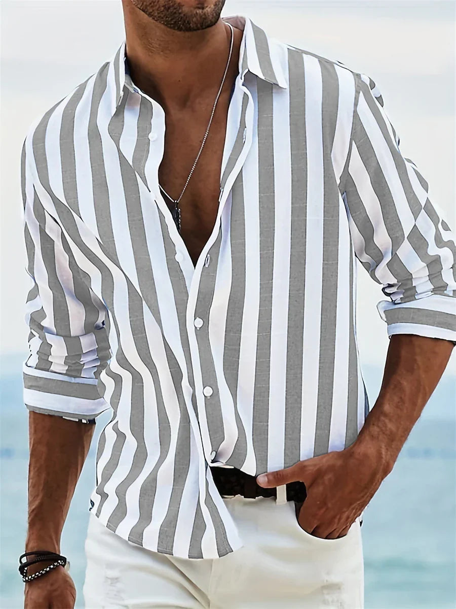 Camicia estiva da uomo James – Camicia in misto lino a righe azzurre con cotone e vestibilità rilassata