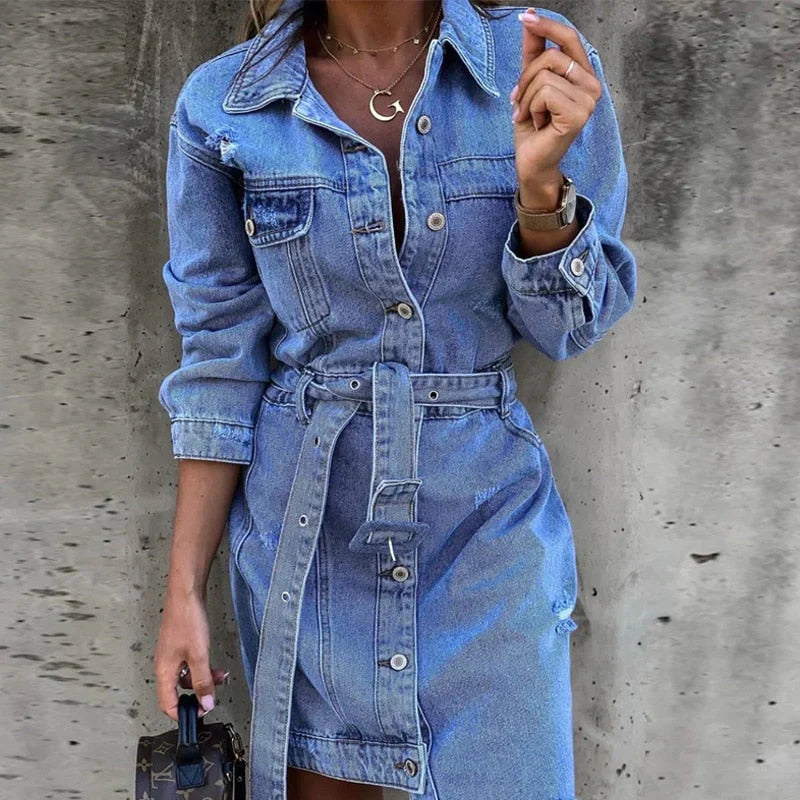Reyhan Robe en Jean Femme – Robe en Denim à Manches Longues, Confortable & Polyvalente