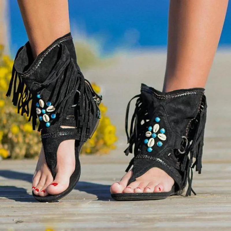 Sandali bohémien da donna Katherine - Sandali estivi con frange e perline per un look libero