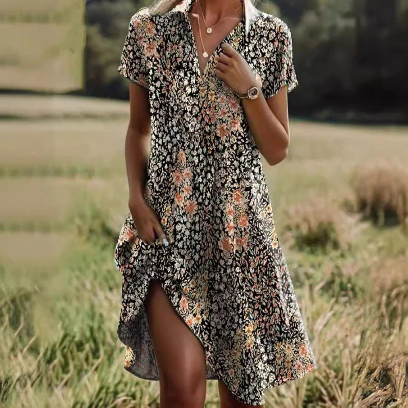 Abito da donna Jeanne: elegante abito con scollo a V e bottoni, vestibilità aderente e motivo floreale senza tempo