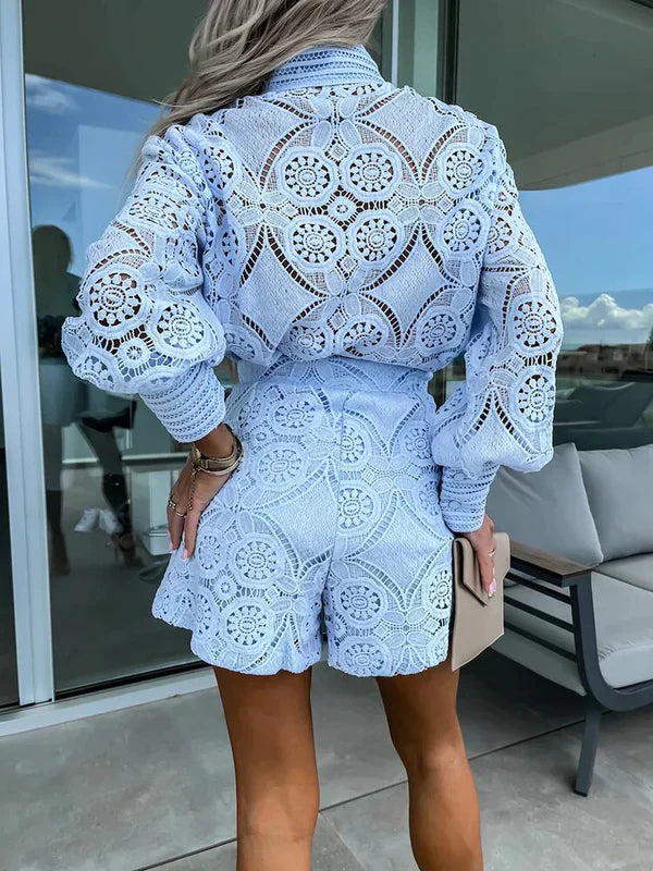 Completo in pizzo da donna Maélie - Completo estivo in stile Ibiza con top e pantaloncini leggeri 