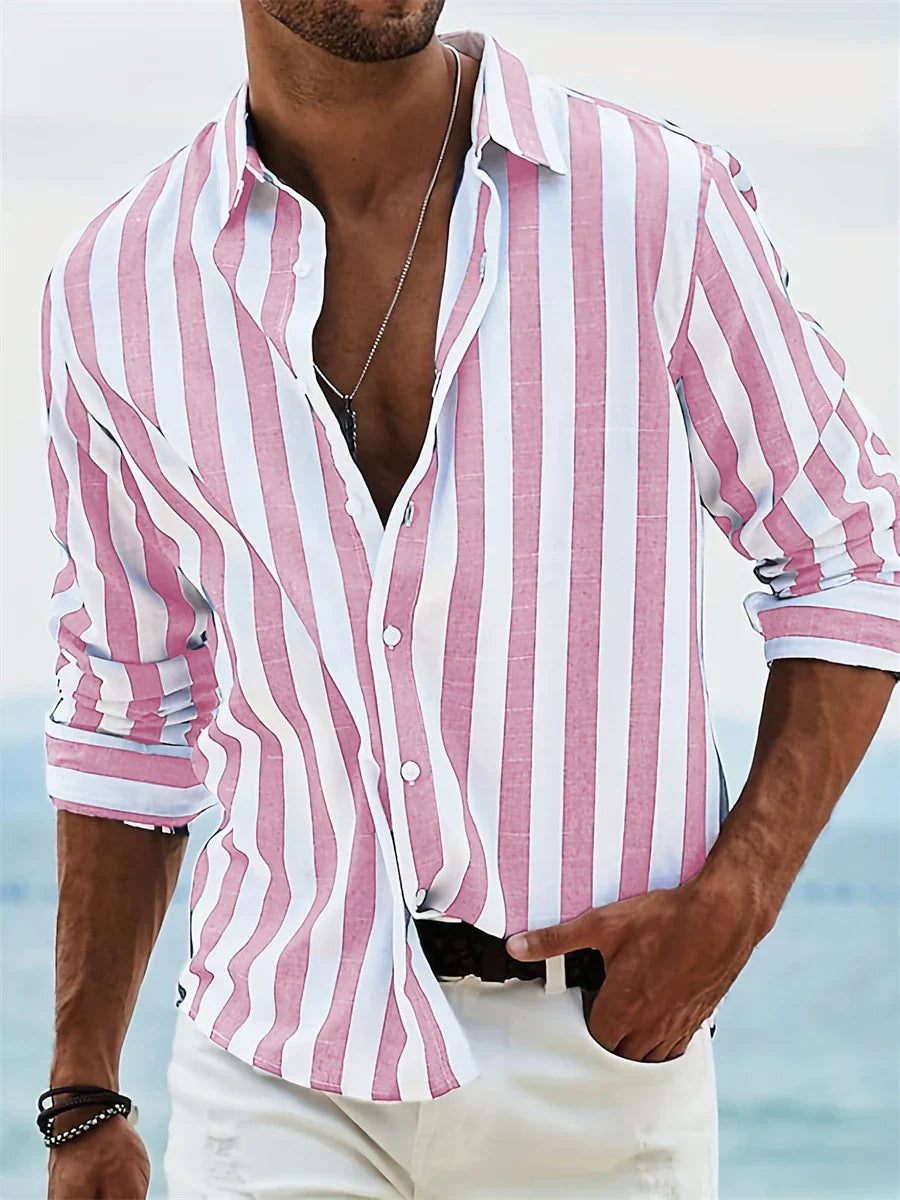 Camicia estiva da uomo James – Camicia in misto lino a righe azzurre con cotone e vestibilità rilassata