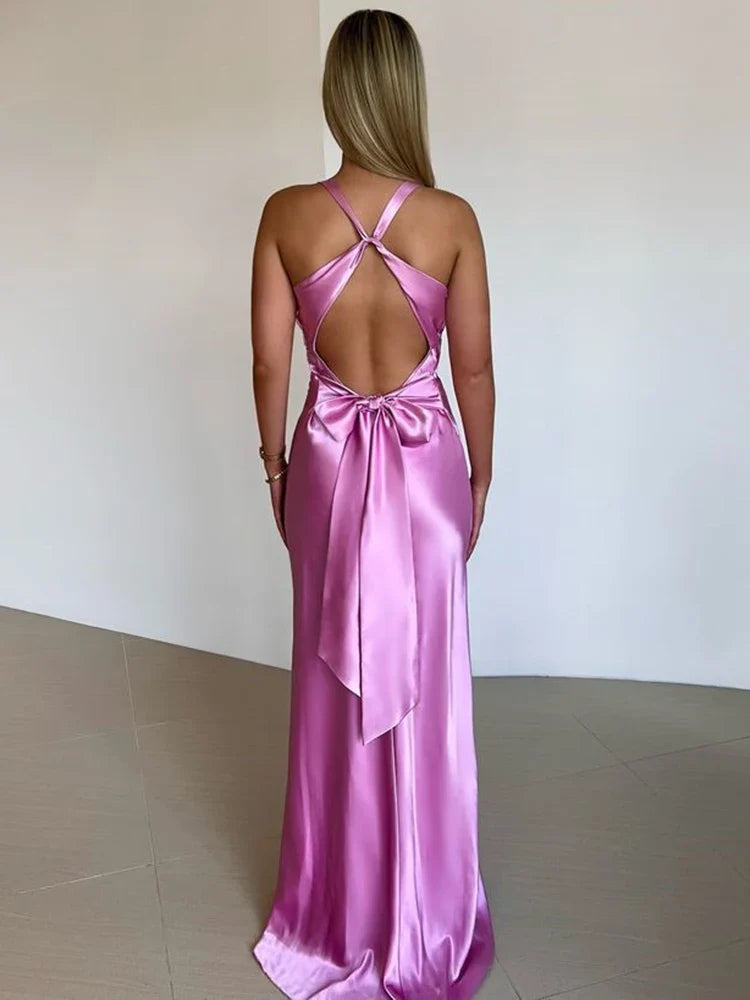 Abito da sera da donna Gina - Elegante abito lungo in raso senza maniche con scollo all'americana