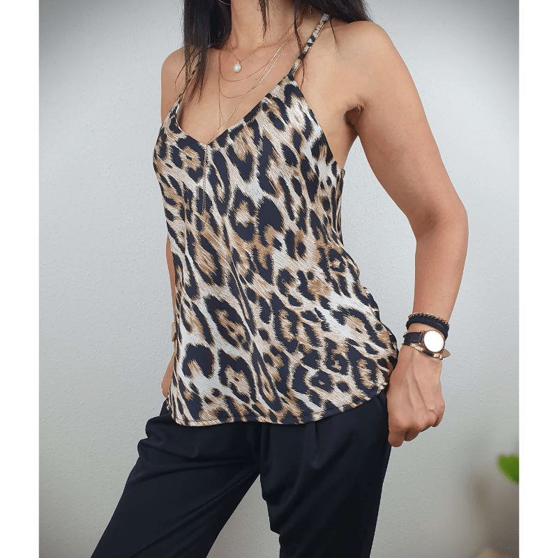 Canotta Looksy da donna Sabrina - Stampa leopardata, scollo a V e spalline regolabili