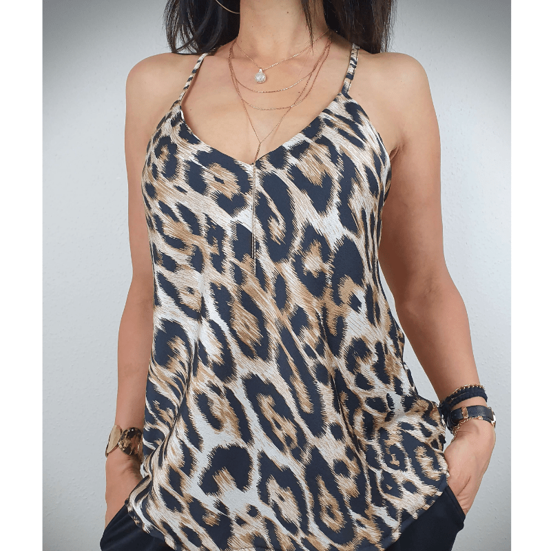 Canotta Looksy da donna Sabrina - Stampa leopardata, scollo a V e spalline regolabili