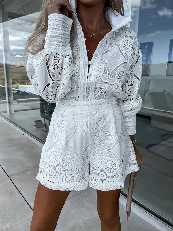 Completo in pizzo da donna Maélie - Completo estivo in stile Ibiza con top e pantaloncini leggeri 