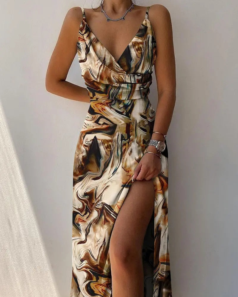 Abito elegante da donna Laire - Spalline sottili, scollo a V, vita aderente, spacco alto - Abito da sera elegante