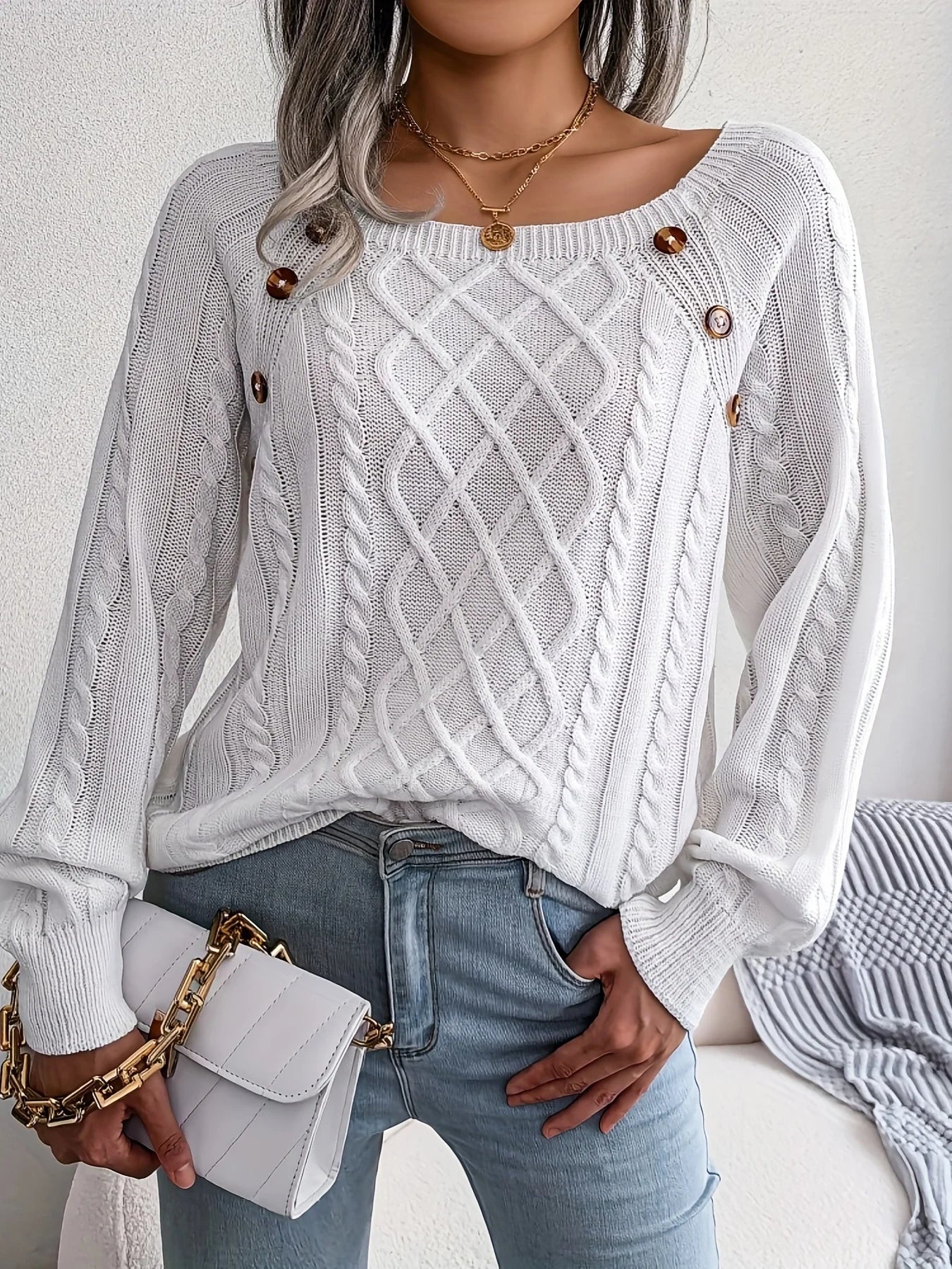 Anaiah Pull Femme Hiver avec Boutons – Élégant, Confortable & Respirant en Coton Polyester