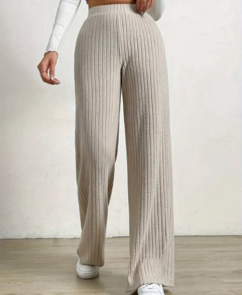 Hallie Pantalon Femme – Pantalon Large en Maille Côtelée Douce & Élégante pour Automne/Hiver