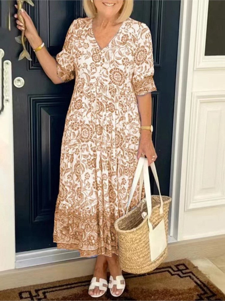 Abito lungo da donna Floresia - Elegante e comodo abito floreale con scollo a V per l'estate