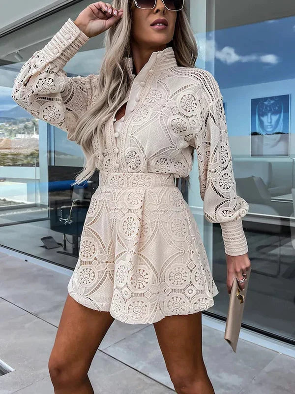 Completo in pizzo da donna Maélie - Completo estivo in stile Ibiza con top e pantaloncini leggeri 
